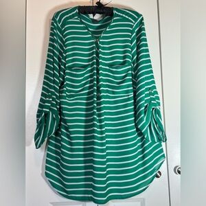 Covington Woman 2X Green White Striped Zip Front Long Sleeve Blouse